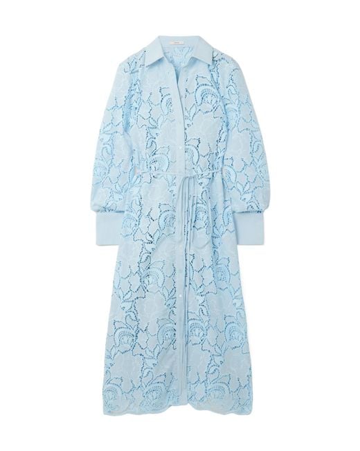 Erdem Blue Tie-Waist Madeira Embroidered Shirt Dress