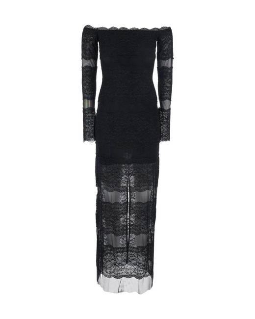 Blumarine Black Off-Shoulder Embroidered Lace Long Dress