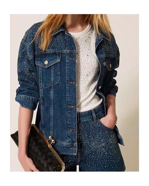 Twinset Blue Rhinestone-Embellished Denim Jacket
