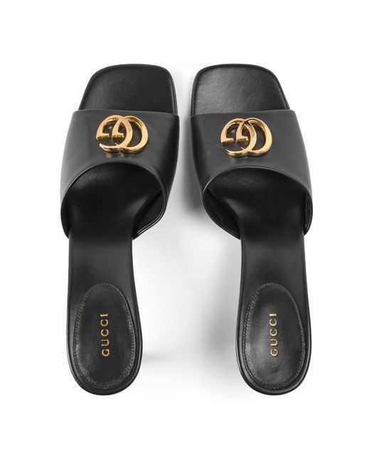Gucci Black Smooth Leather Square-Toe Slide Sandals