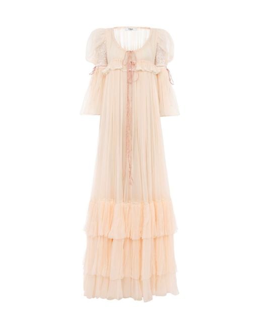 Chloé Natural Oversized Long Ruffled Tulle Dress