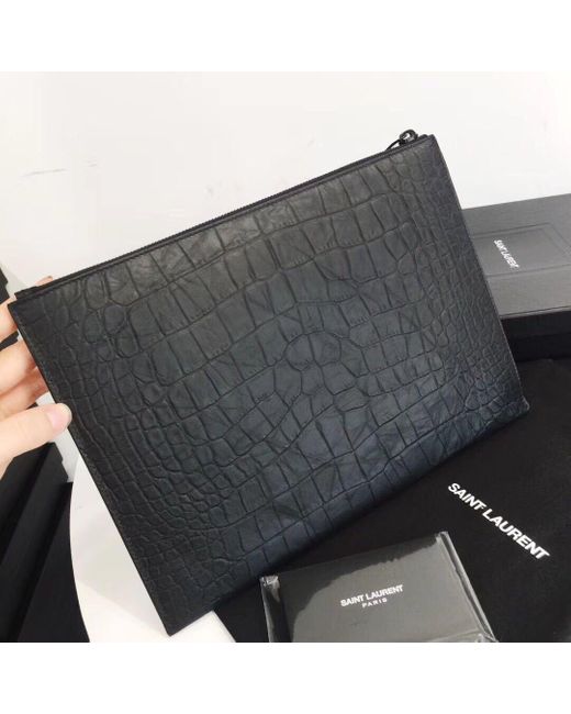 Saint Laurent Black Monogram Crocodile-Embossed Tablet Holder for men