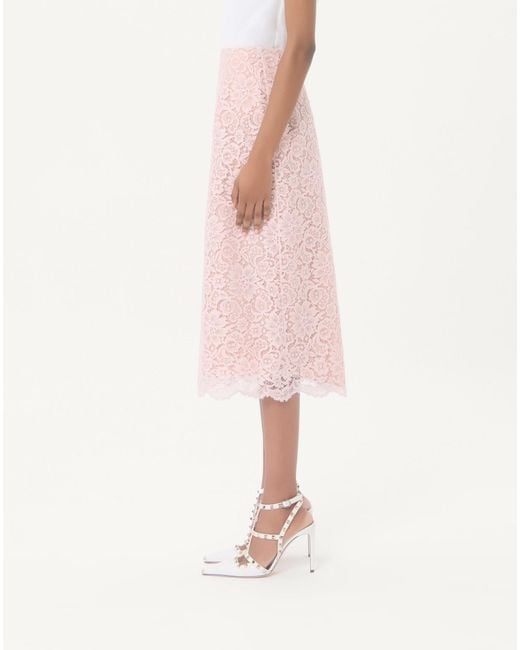 Valentino Pink Floral Lace Midi Skirt