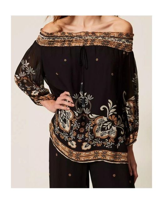 Twinset Black Printed Off-Shoulder Blouse