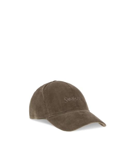 Saint Laurent Brown Corduroy Cap With Embroidered Logo