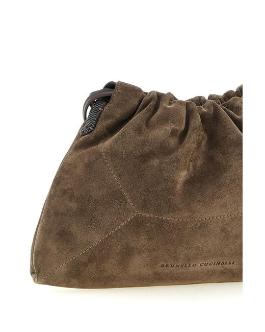 Brunello Cucinelli Brown Drawstring Logo Embossed Pouch