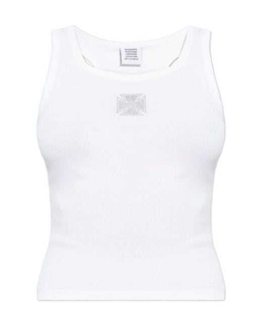 Vetements White Logo Embellished Ribbed Tank Top