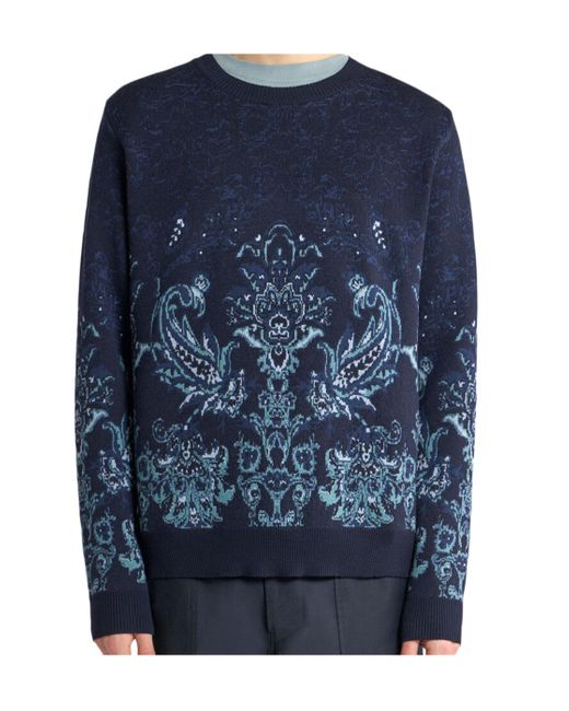 Etro Blue Paisley Jacquard Knitted Jumper for men