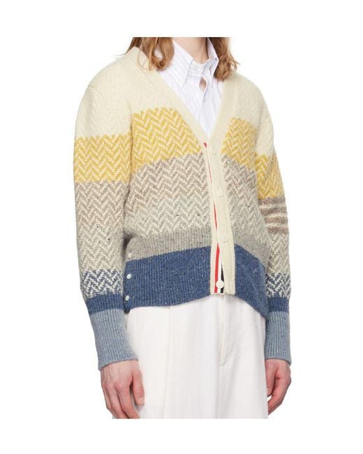 Thom Browne Blue Stripe-Jacquard V-Neck Cardigan for men