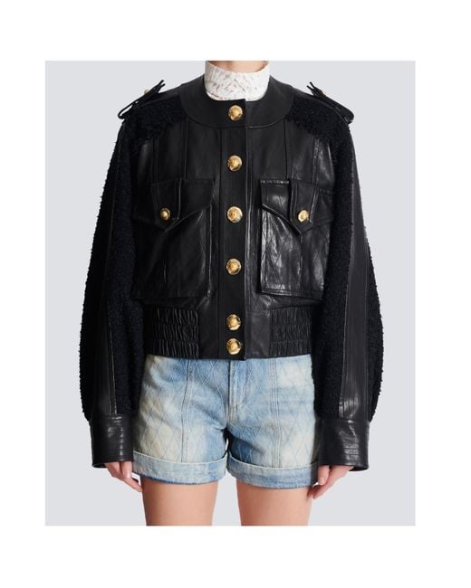 Balmain Black Tweed-Trim Leather Jacket