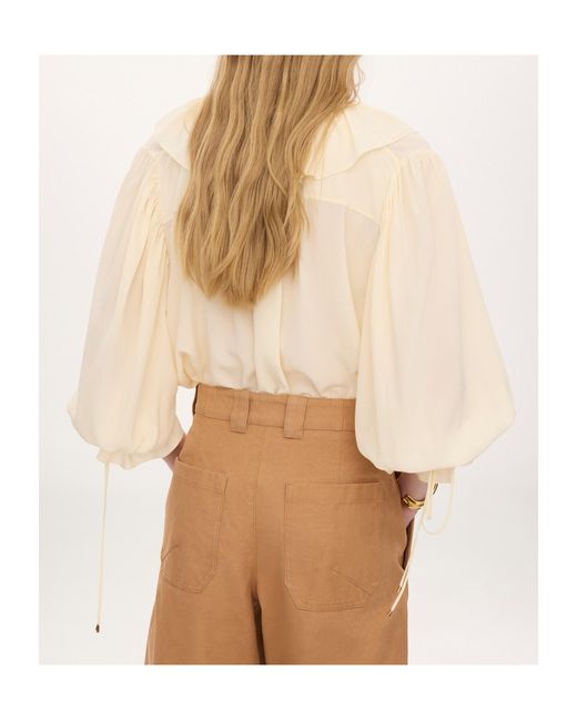Chloé Natural Chloé Ruffled V-Neck High-Low Top