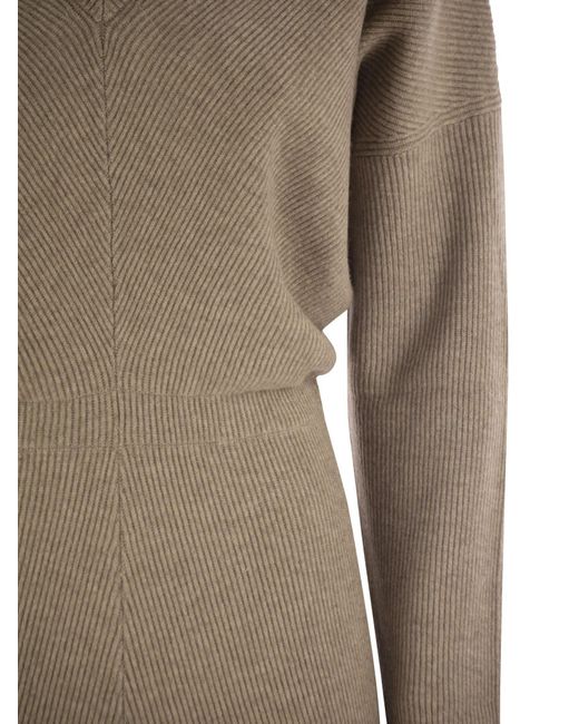 Brunello Cucinelli Natural V-Neck Knitted Maxi Dress