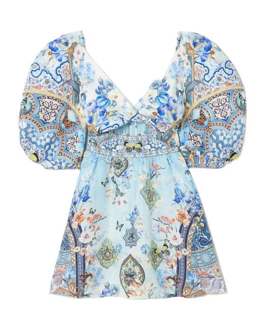 Camilla Blue Crystal-Embellished Linen And Silk-Blend Mini Dress