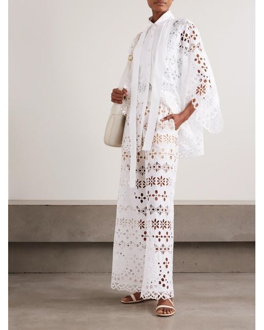 Elie Saab White Broderie Anglaise Straight-Leg Pants