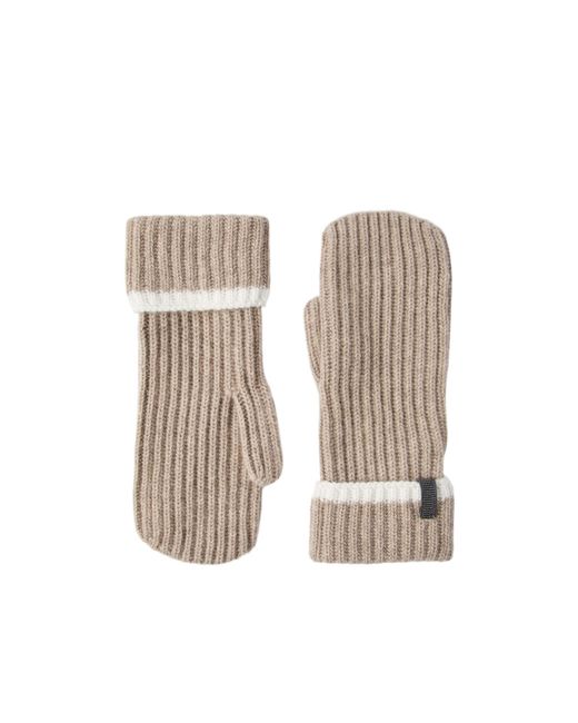 Brunello Cucinelli Natural Cashmere English Rib Knit Mittens With Monili
