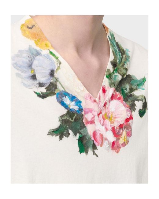 Maison Margiela White Floral Printed V-Neck T-Shirt for men