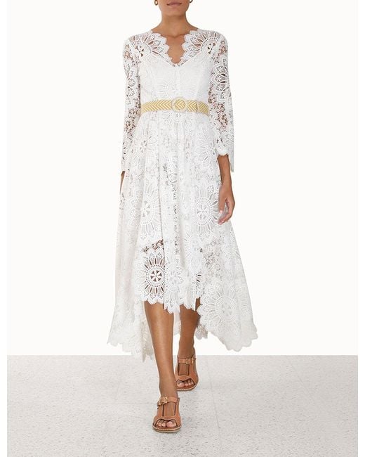 Zimmermann White Chintz Doily-Lace Belted Midi Dress