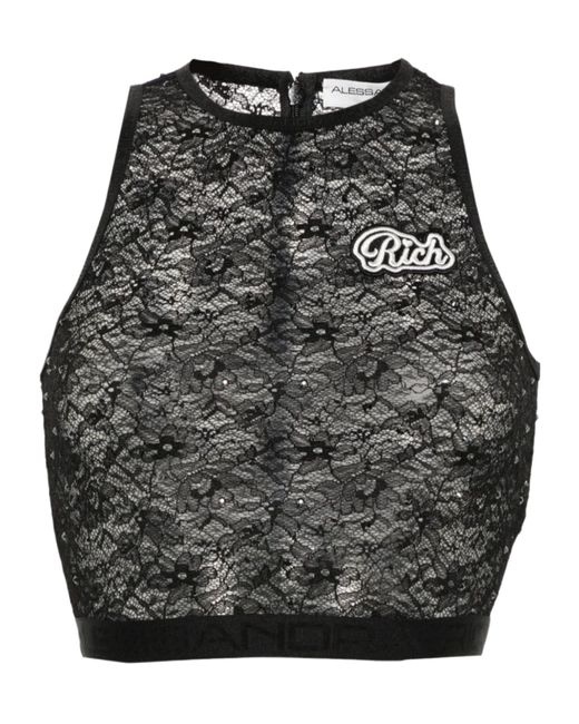 Alessandra Rich Black Sleeveless Cropped Laced Tank Top