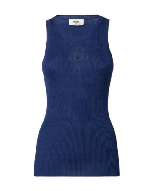 Fendi Blue Ribbed-Knit Ff-Motif Top