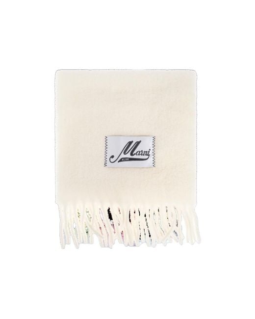 Marni White Logo Patch Fringed-Edge Scarf