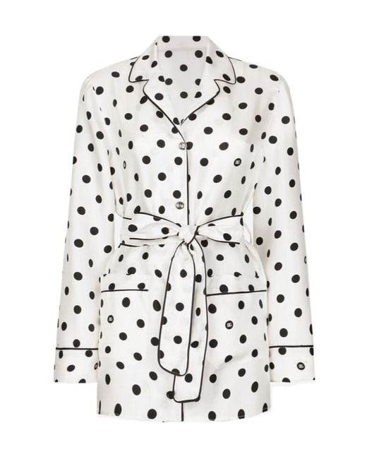 Dolce & Gabbana White Silk Polka-Dot Print Shirt