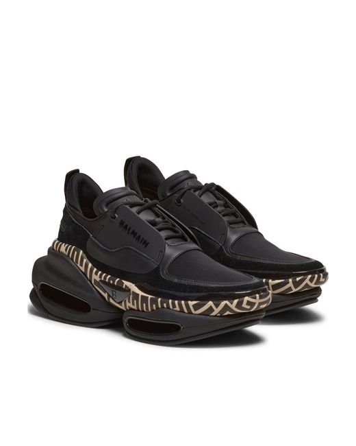 Balmain Black Leather And Suede B-Bold Low-Top Trainers With Monogram Print for men