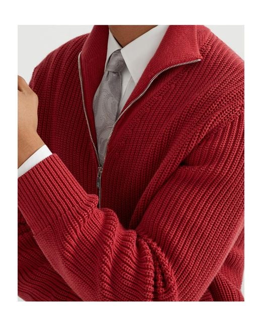 Brunello Cucinelli Red Zip-Up Cardigan for men