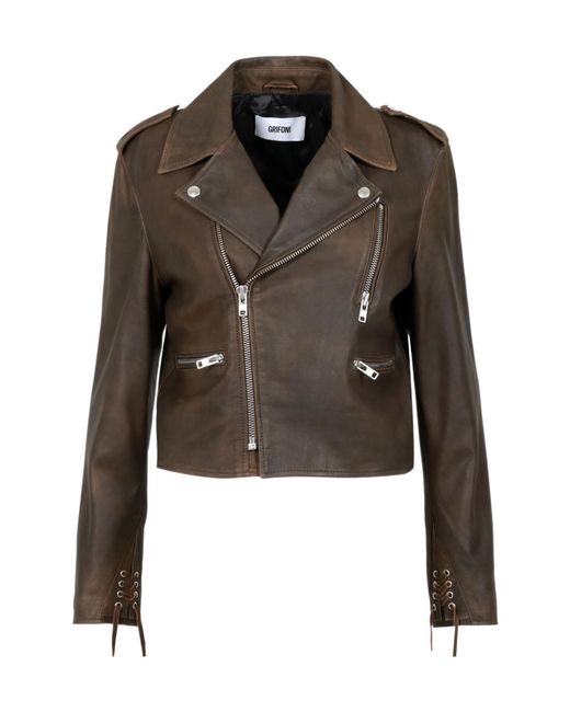 Grifoni Brown Lapel Long-Sleeved Leather Jacket