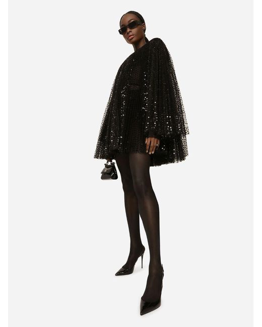 Dolce & Gabbana Black Short Pleated Dress With Full Sequined Sleeves