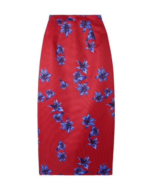 Emilia Wickstead Red Floral-Print Faille Midi Skirt
