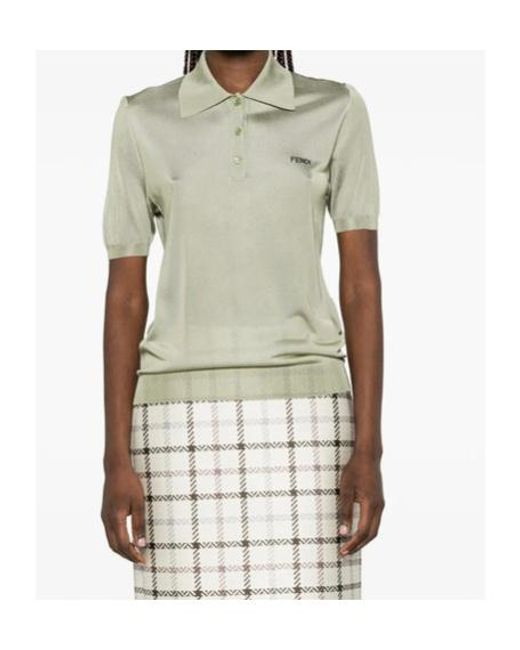 Fendi White Logo Embroidered Knitted Polo Top