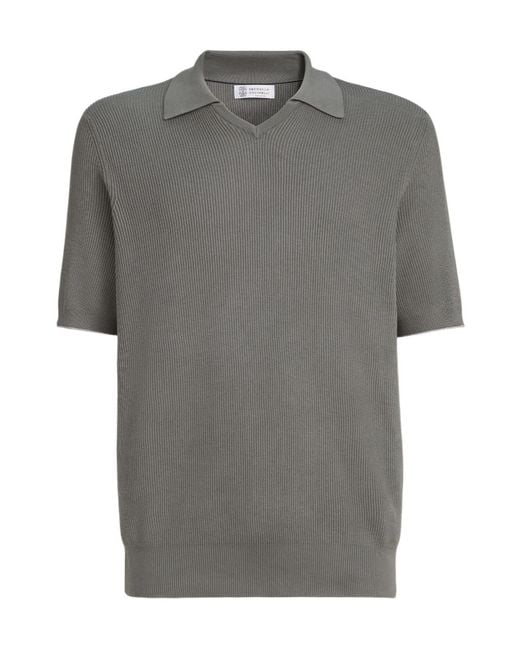 Brunello Cucinelli Gray Fine-Knitted Ribbed Polo Shirt for men