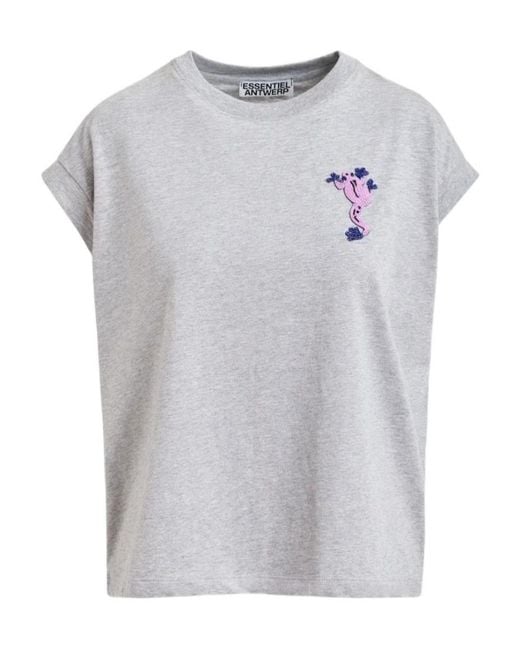 Essentiel Antwerp Gray Cotton T-Shirt With Bead Embroidery