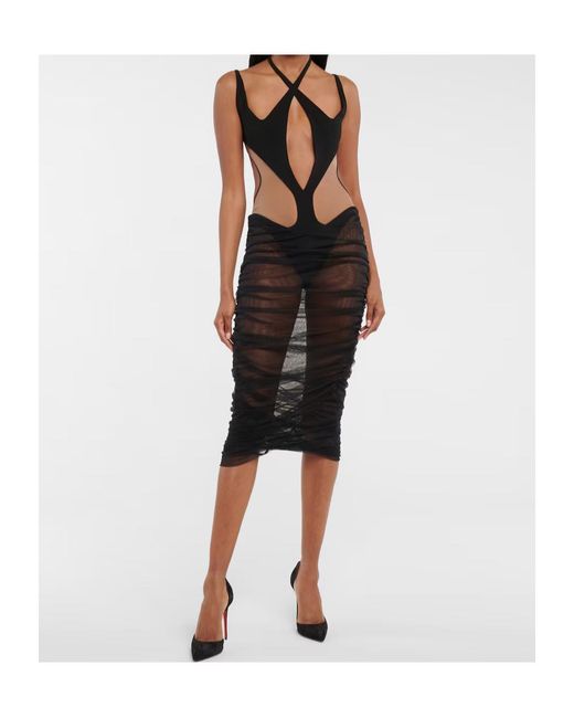 Mugler Black Sheer Stretch Knit Dress