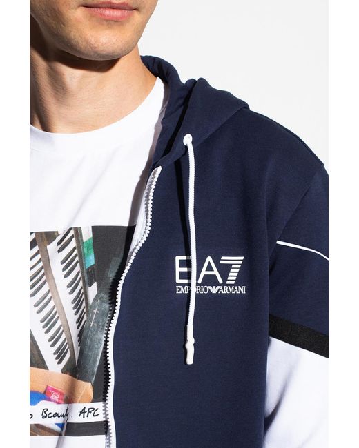EA7 Blue Zip-Front Logo-Print Hoodie for men