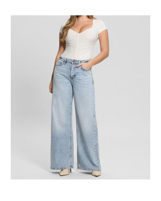 Guess Blue Logo-Appliqué Wide-Leg Jeans