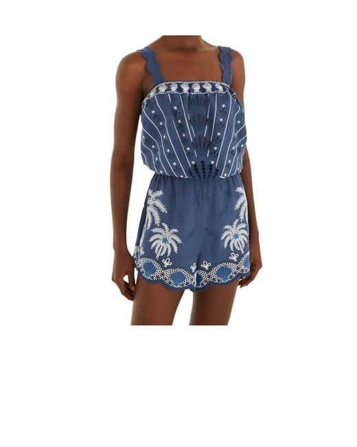 Farm Rio Blue Embroidered Jumpsuit
