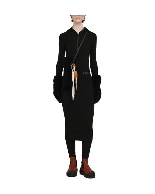 Jil Sander Black Long-Sleeved Ribbed-Knitted Hooded Midi Dress