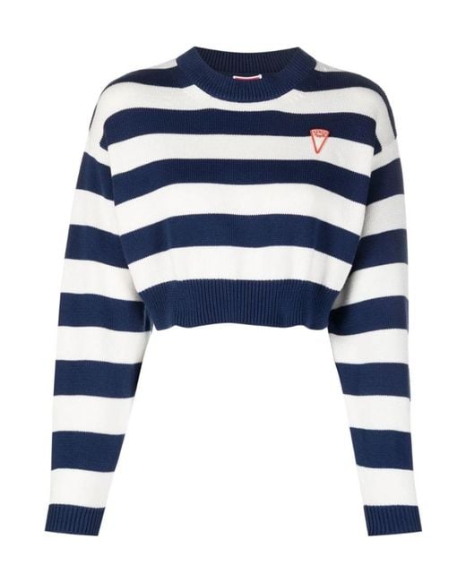 KENZO Blue Logo-Patch Crewneck Striped Cropped Jumper