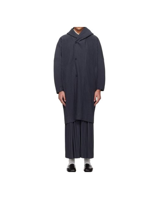 Homme Plissé Issey Miyake Blue Pleated Long-Sleeved Coat for men