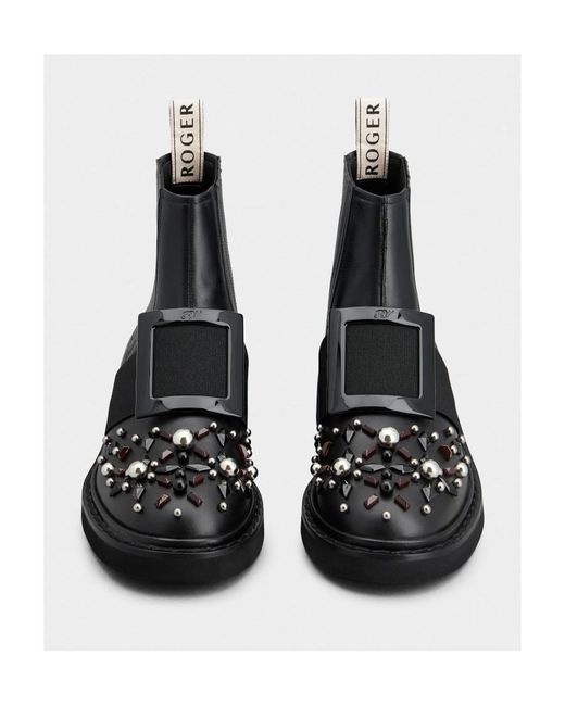 Roger Vivier Black Viv' Rangers Studs Lacquered Buckle Chelsea Ankle Boots