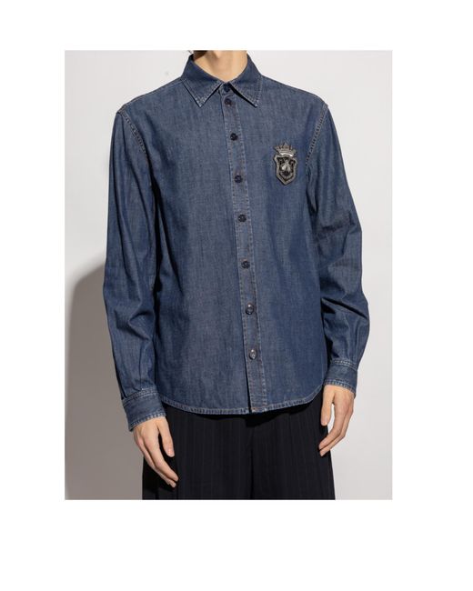 Dolce & Gabbana Blue Heraldic Emblem Denim Shirt for men