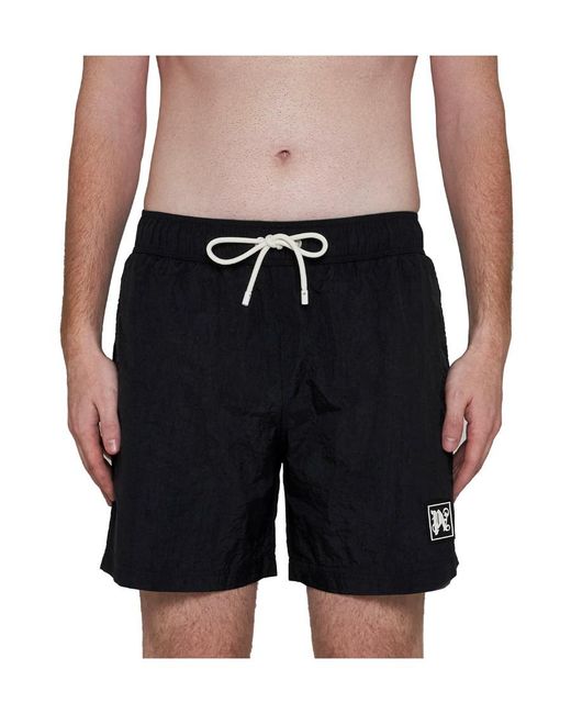 Palm Angels Black Monogram-Patch Drawstring Swimming Shorts for men