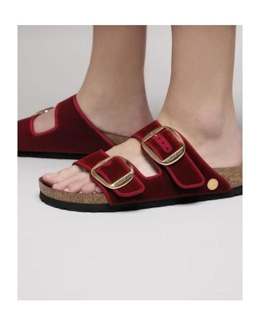 Birkenstock Red Arizona Big Buckle Piping Rivet Logo