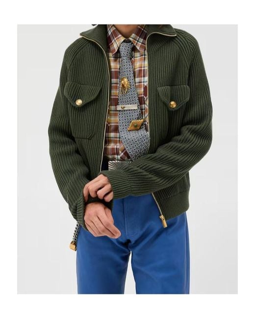 Versace Green Zip-Up Ribbed Cardigan for men