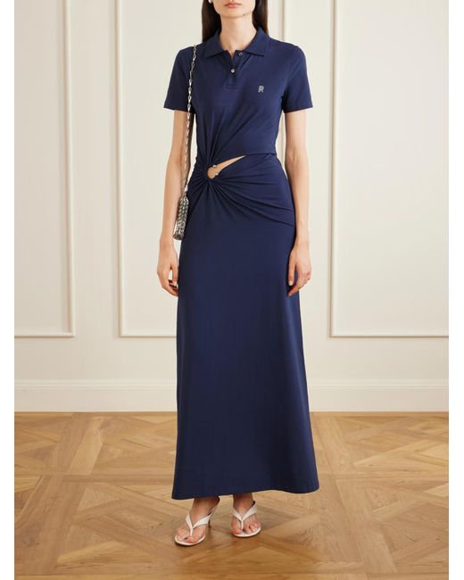 Rabanne Blue Piercing-Detail Polo-Collar Maxi Dress
