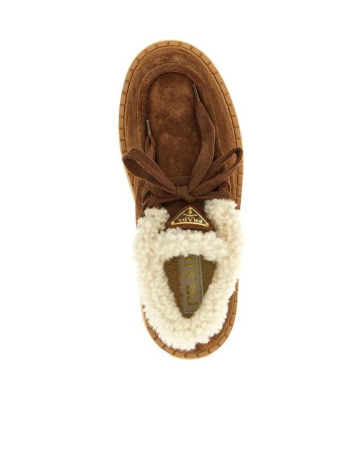 Prada Brown Laced Fluffy Low-Top Platform Boots