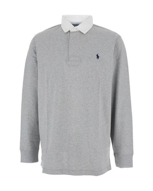 Polo Ralph Lauren Gray Contrast-Collar Long-Sleeve Polo Shirt for men