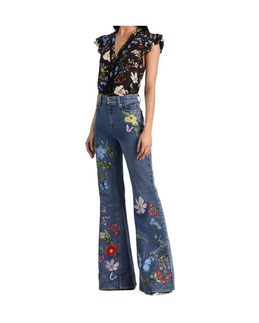 Alice + Olivia Blue Embroidered Butterfly-Motif Jeans
