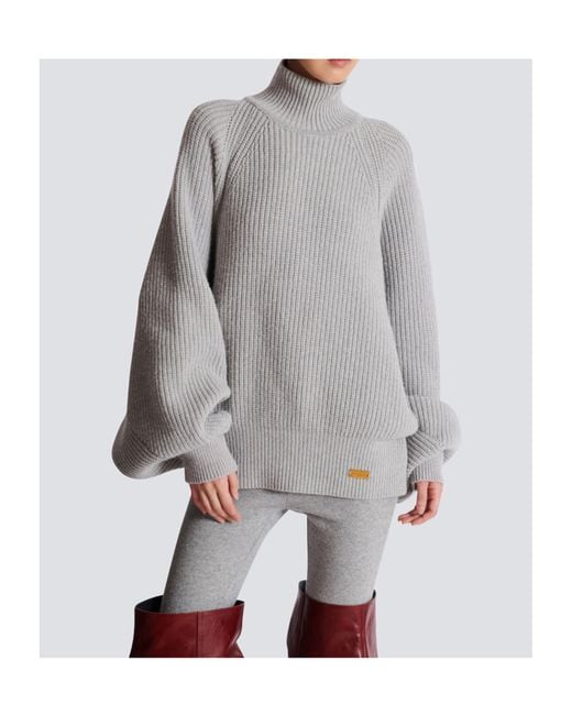 Balmain Gray High-Neck Ribbed Knit Jumper